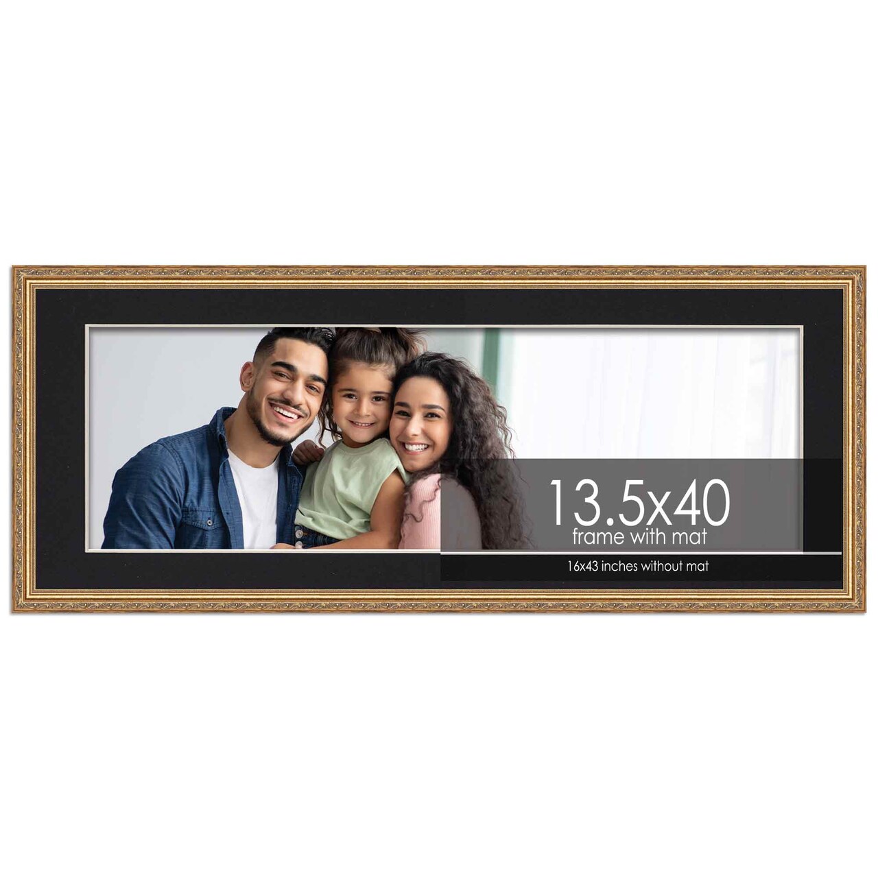 Antique Gold Frame with Black Photo Mat, UV Acrylic Front, Foam Board Backing, 60 Sizes Available